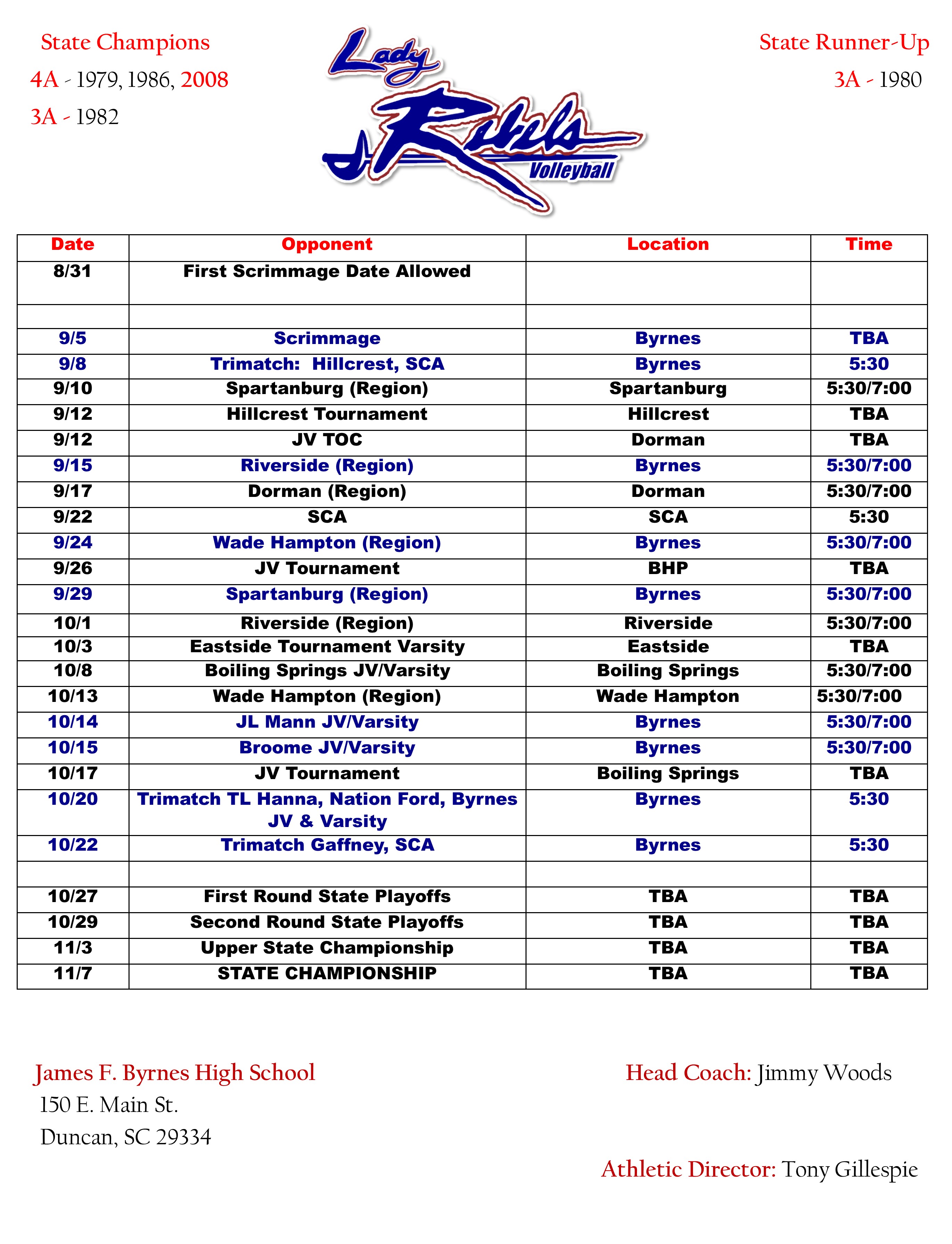 Volleyball 2020 Schedule – James F Byrnes Athletics
